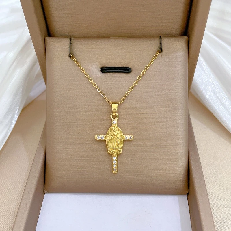 Elegant 18K Gold-plated Virgin Mary Cross Copper Inlaid Zircon Pendant Necklace for Women Devout Believers Faith Jewelry Gift