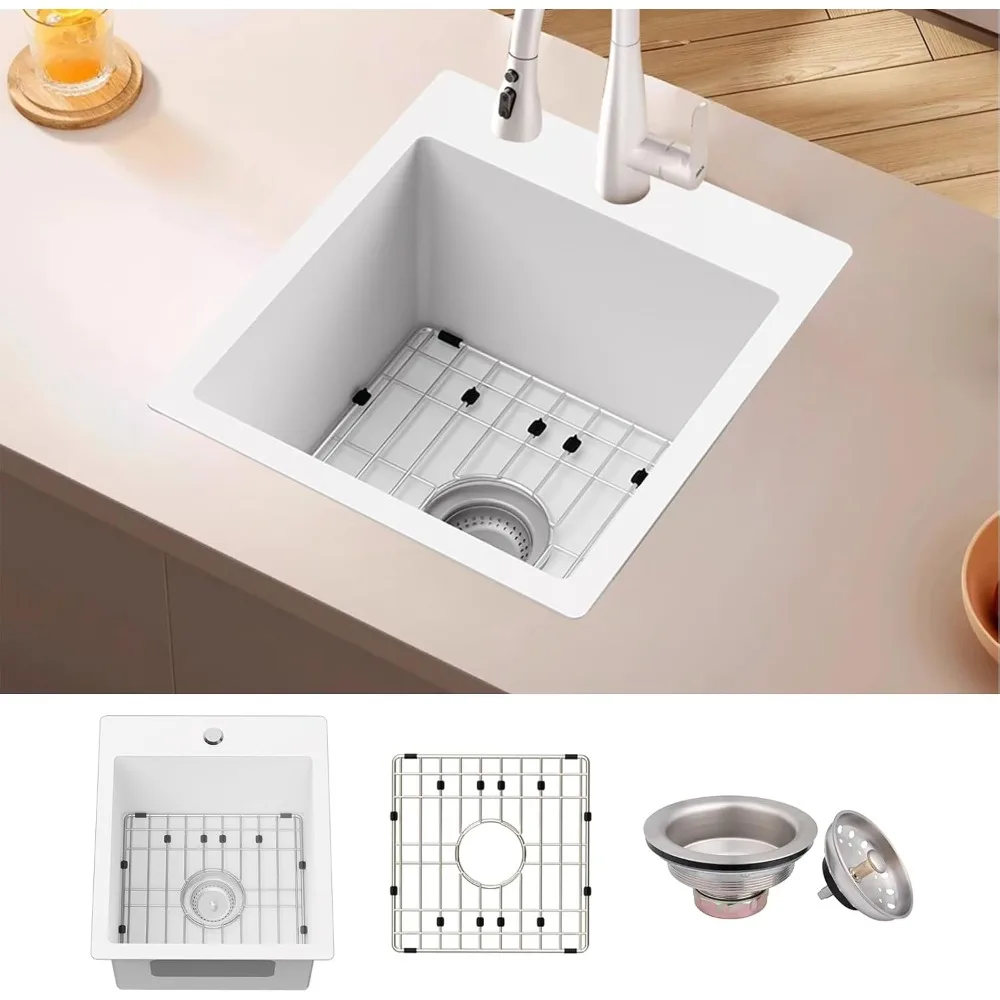 

White Kitchen & Bar Sink, 15x17 Inch Stainless Steel Kitchen Sink Single Bowl Topmount Kitchen Sink With Grid And Drainar Sink