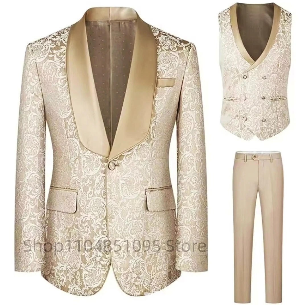 

Champagne Jacquard Wedding Men Suits One Button Shaw Lapel Blazer Elegant Business Prom Party 3 PCS Jacket Vest Pants Suits Set