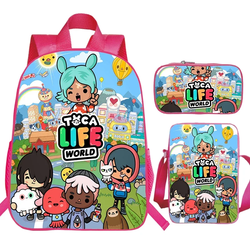 3D Print Toca Life World Backpack 3pcs Set Large Capacity Children Cute Pink Bookbag Anime Boys Girls School Bag Mochila 16 Inch