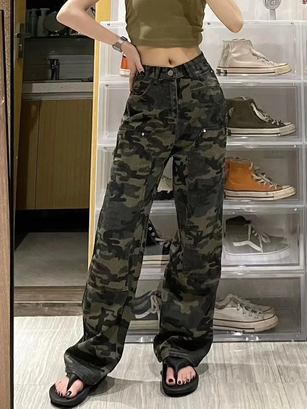 Y2K Camouflage Printed Workwear Jeans Loose Straight Women's Sweatpants Spring Summer Fall Matching Set hiphop