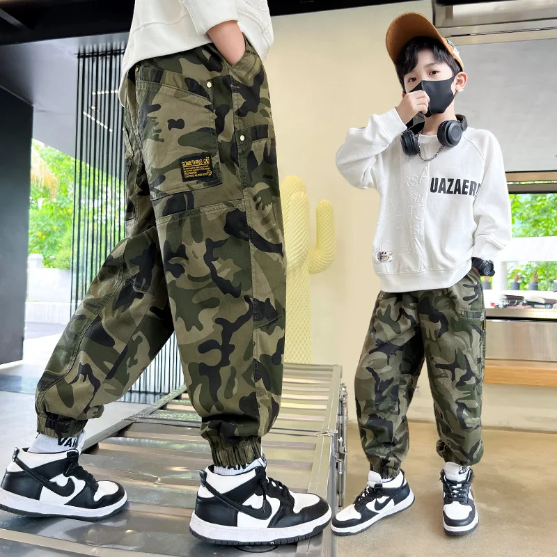 Boys Camo Pants Spring Autumn Kids Casual Trousers Children Cotton Multi-Pocket Baggy Streetwear Hip Hop Military Tactical Pants