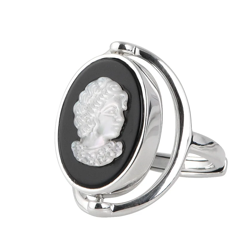 

Spinning Elegant Lady Portrait Black Agate Rings for Women Glossy 925 Silver Figure White Shell Ring Western Antique Jewelry