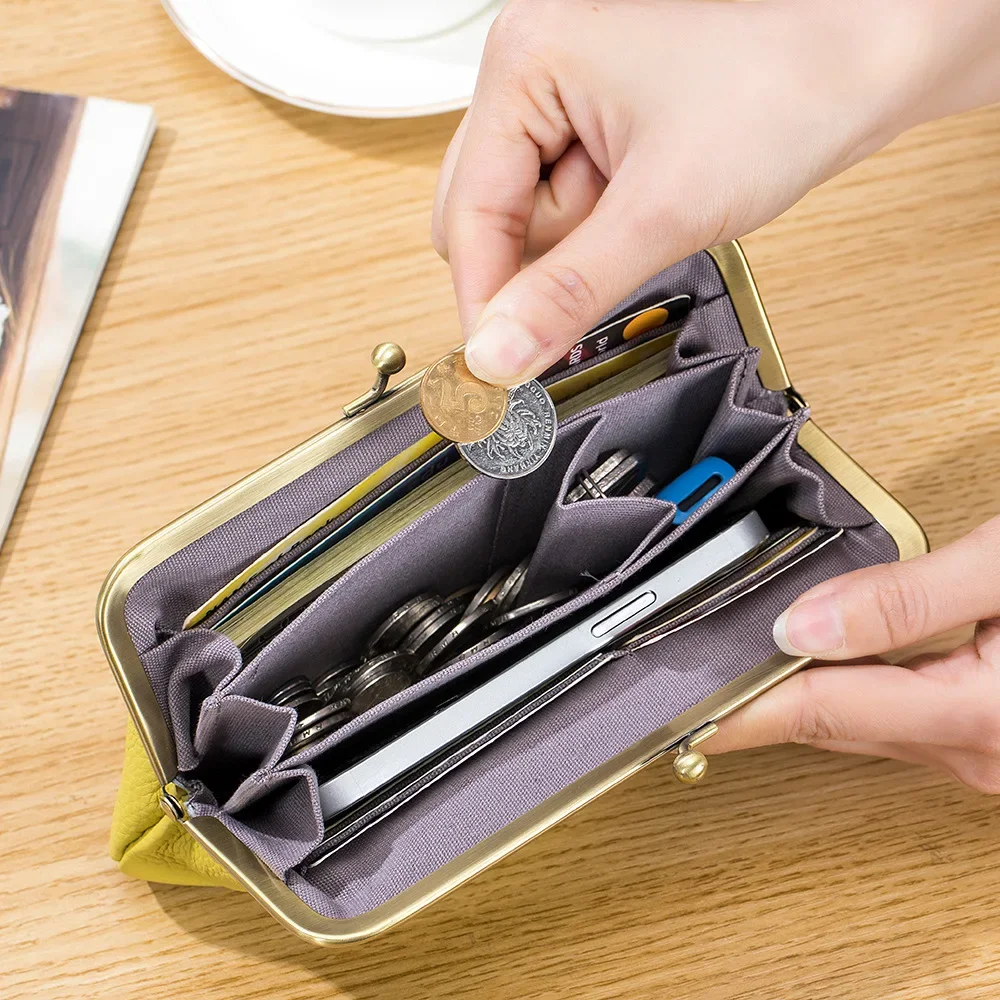 여성용 긴 클러치 지갑, 키스락 휴대폰 파우치, 부드러운 가죽 보관 지갑, 큰 잔돈 지갑