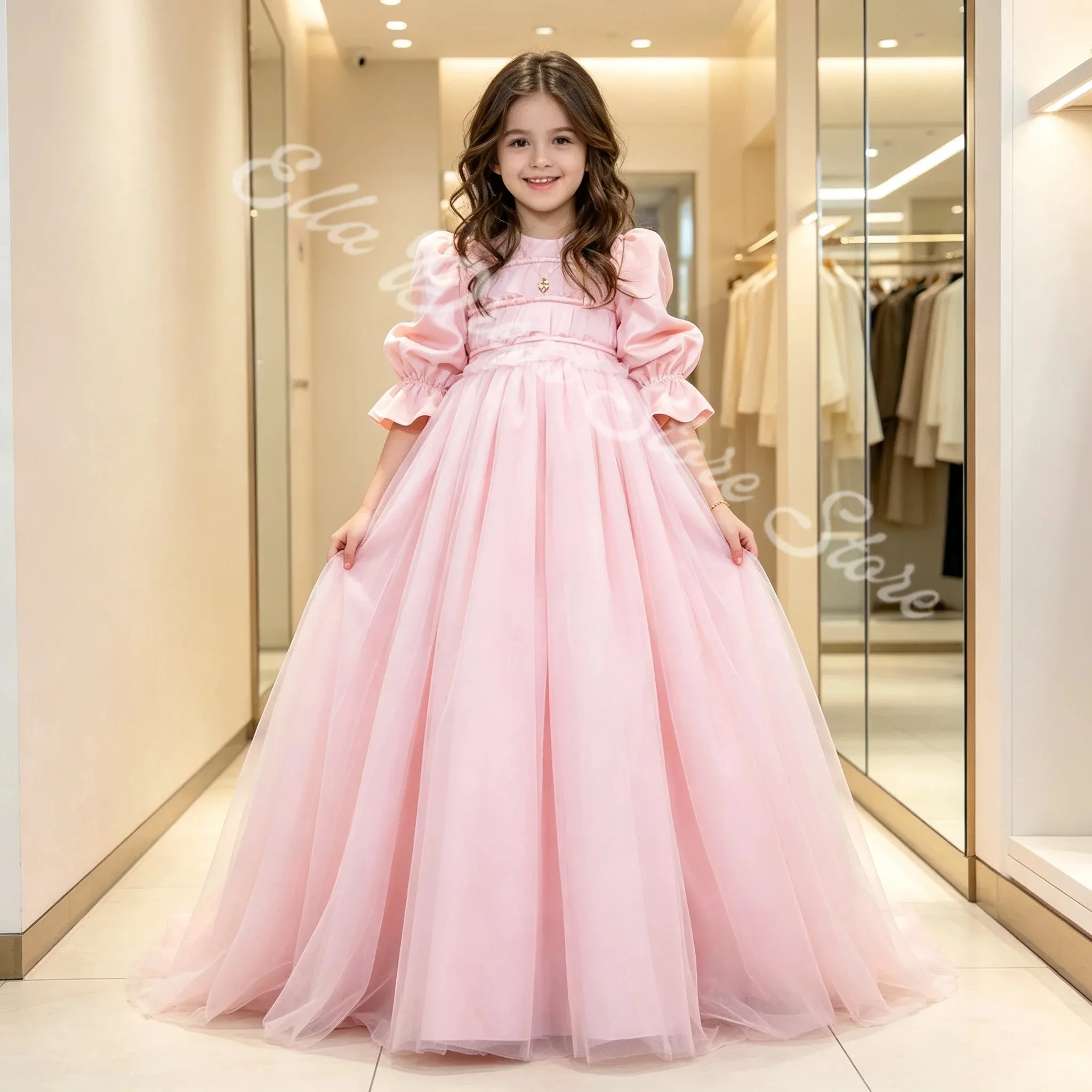 Großhandel Rosa Kleid mit Puffärmeln für Mädchen, Blumenmädchenkleid für Hochzeitszeremonien, formelle Empfänge, Partys, individuell anpassbar – Detail 2