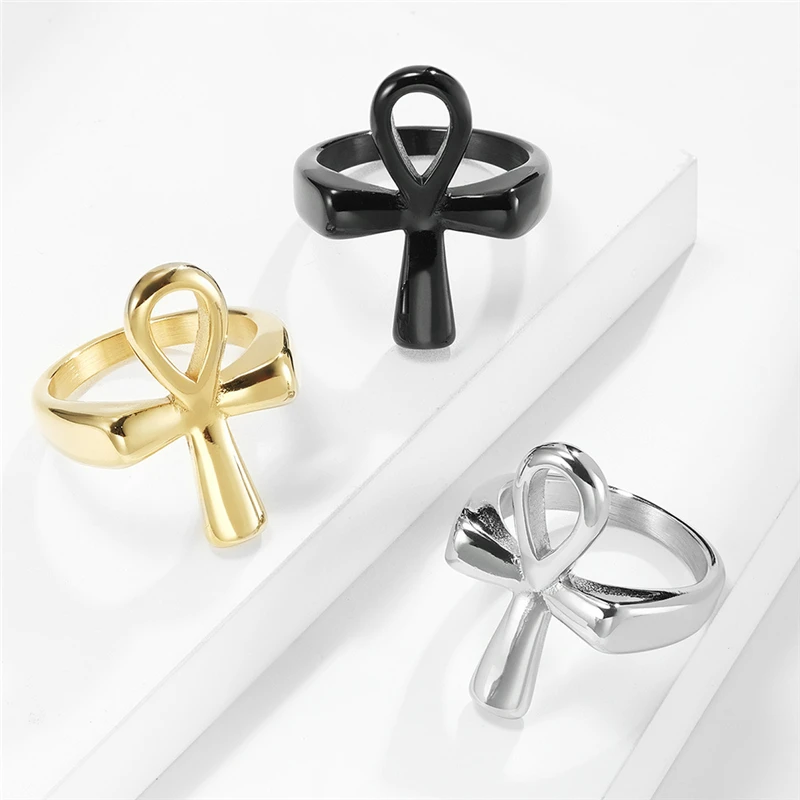 Ancient Egypt Ankh Cross Gold Plated High Quelity Fine Stainless Steel Male Female Ring Polished No Fading JZ585