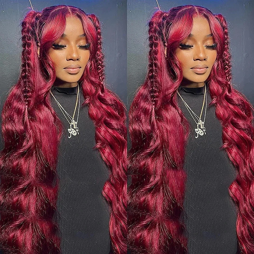 99J Burgundy Colored Wigs 13x4 lace Frontal Human Hair Wig Body Wave Red Wigs Invisible Transparent Lace Wig Pre Plucked