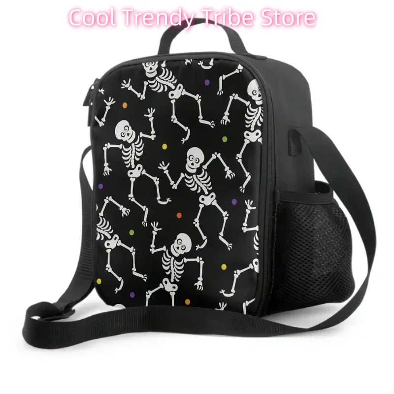 Hippie Halloween Skull Lunch Box Women Dancing Skeletons Lunch Bag with Water Bottle Holder Cooler Bag Insulated Tote Bento Bag