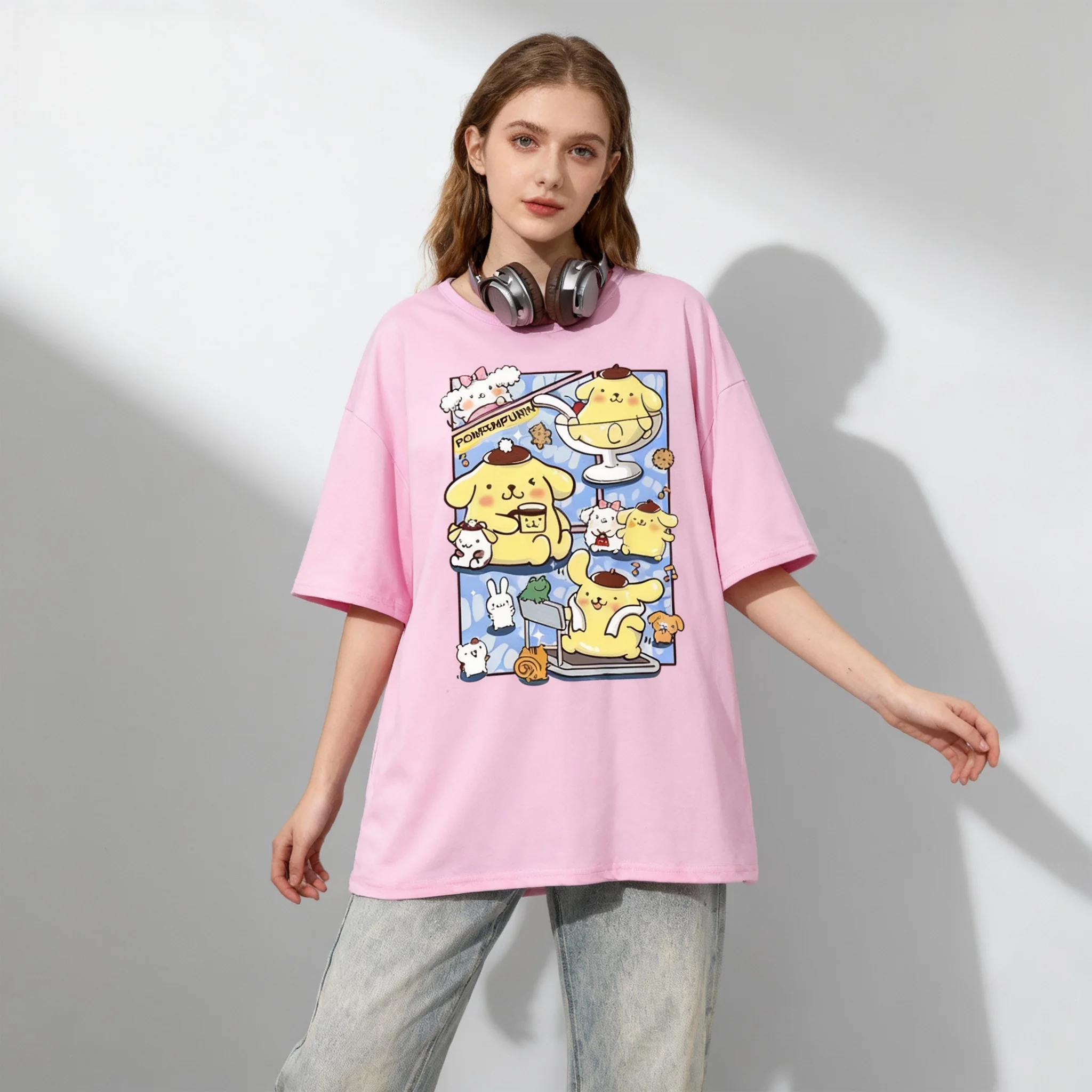 Новая американская спортивная одежда Sanrio Family Pudding Dog, милая крутая летняя футболка большого размера, женская и мужская спортивная одежда для взрослых