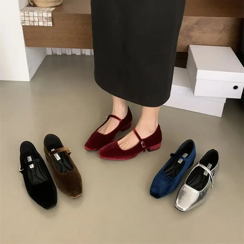 Bailamos Autumn New Women Velvet Flats Square Toe Shallow Buckle Ladies Elegant Sole Ballte Shoes Casual Loafers Shoes Muje