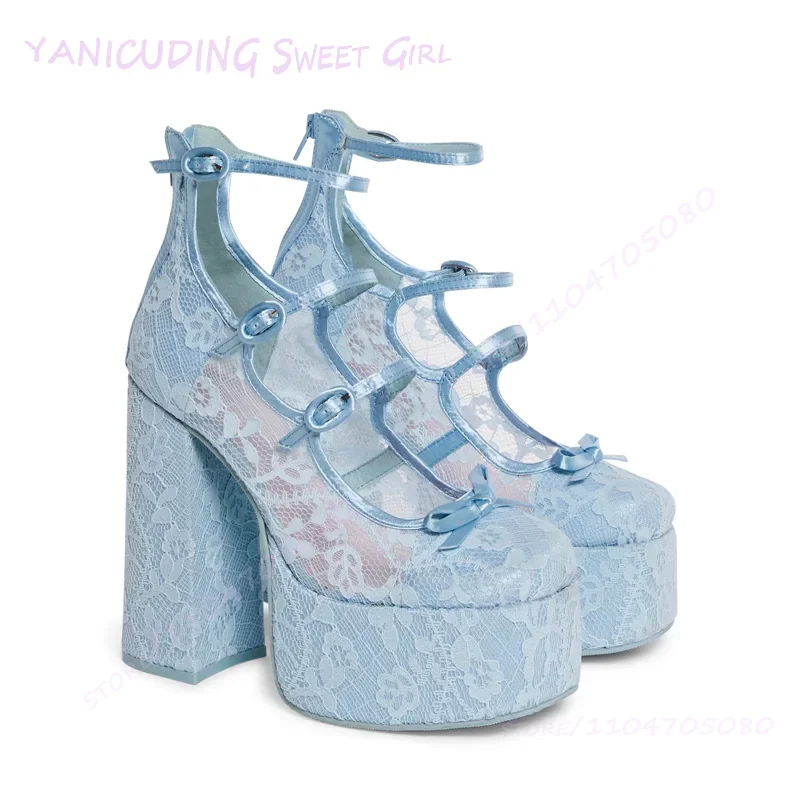 Bright Red Mesh Lace Flower Sexy Sandals Women Platform Buckle Stripes Hollow Chunky Heels Round Ballet Bow Elegant Party Shoes
