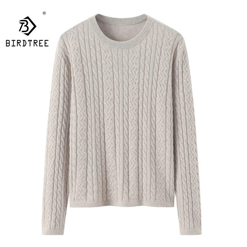 BirdTree,100% Cashmere Elegant Sweater,Women's Round Neck Fried Dough Twists Pattern Loose Casual,Autumn and Winter Top T48912KS