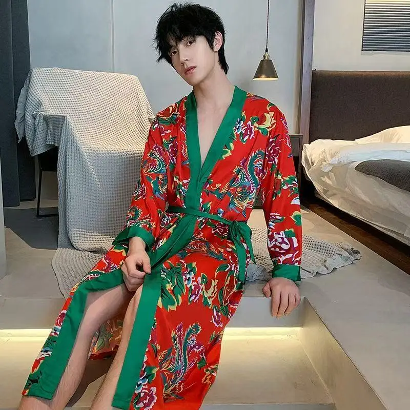 Classic Chinese Style Long Robe Men Women Spring Summer Satin Pajamas Funny Fashion Beach Red Green Floral Contrast Color Gown