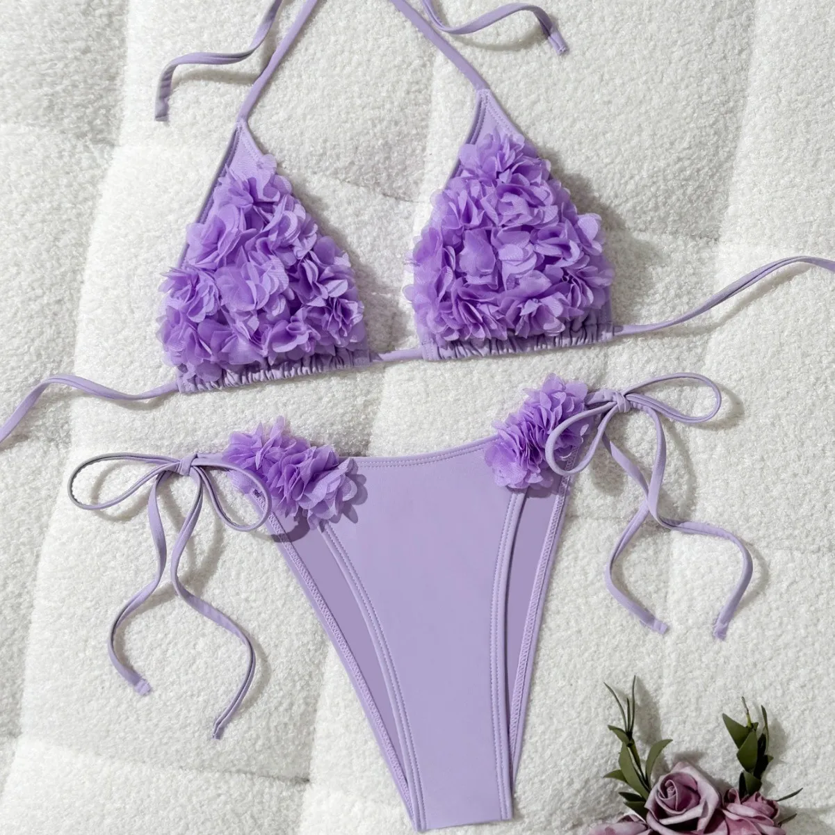 Three-dimensional Floral Swimsuit High-waisted Sexy Triangle Halter Bikini Set Biquini Tankini Swimsuits Women Bathing Suit