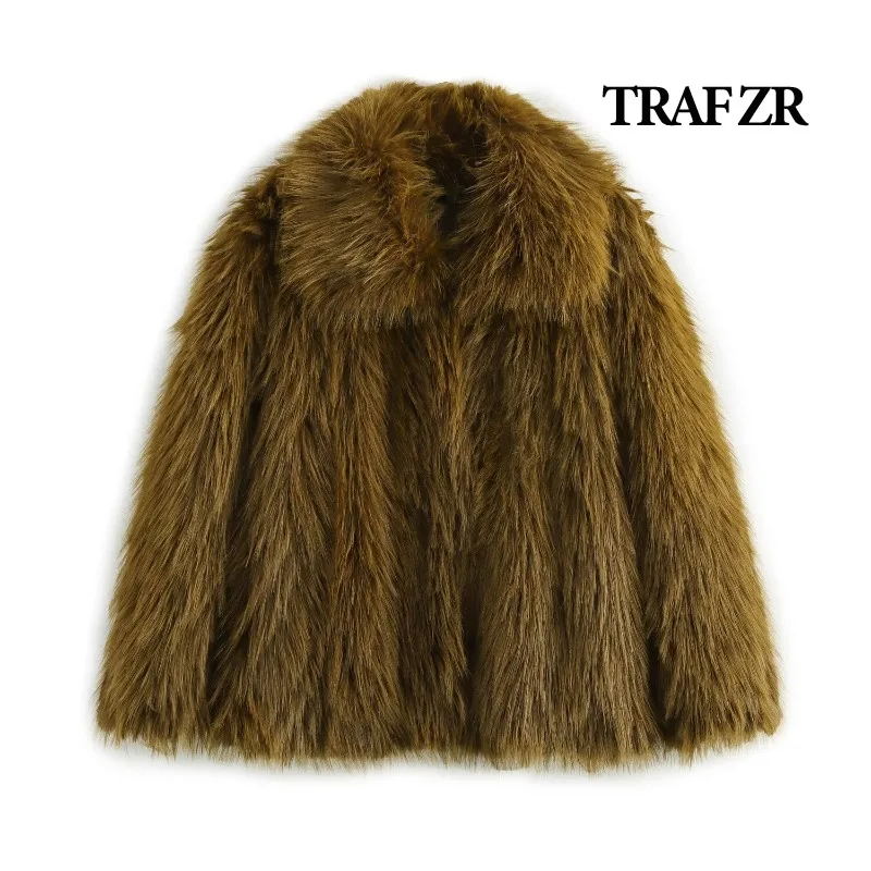 TRAF ZR Snow Parka New in Outerwears Vintage Faux Fur Brown Padded Coat Warm Woman Winter Coats Elegant Luxury Women's Coat