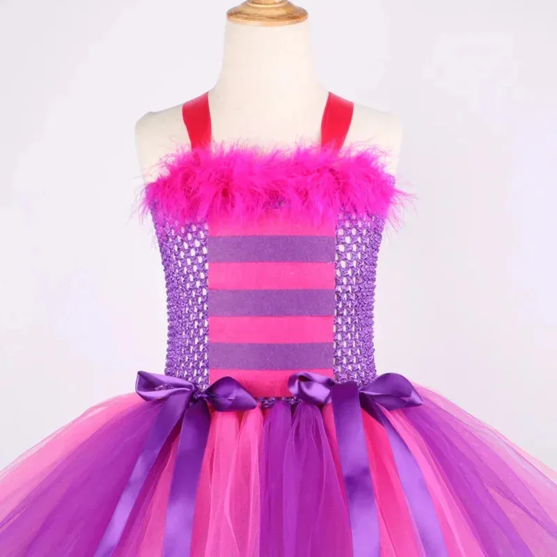 Alice Cheshire Cat In Wonderland Costume Baby Girls Tutu Dress Purple Cartoon Tulle Party Dress Kids Halloween Cosplay Costume