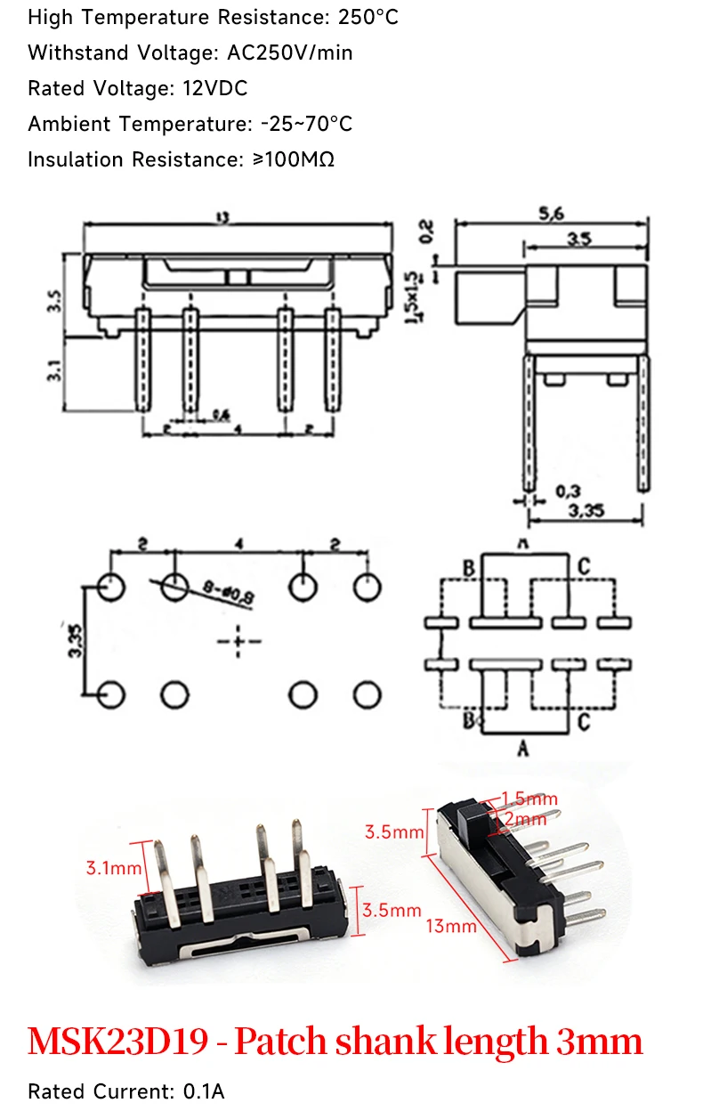 5 Stück Mini-SPDT-Schiebe-Kippschaltergriff 3/5mm MSS-22D018 SS-12D00 SK-22D07 MSK-12C02 SS-12F44 MSK23D19 - Elektronisches Bauteil – Detail 18