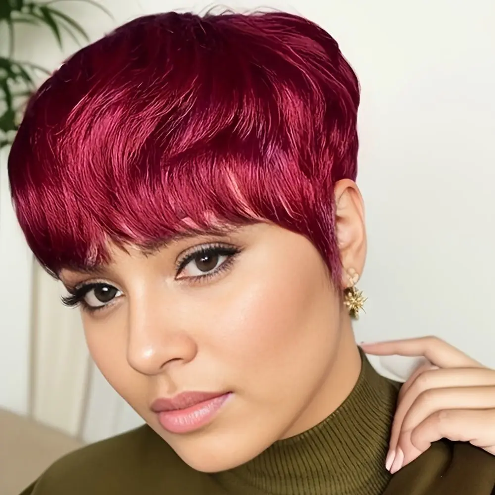 

Прямые парики из натуральных волос Бразильские волосы Короткий парик с стрижкой пикси с предварительно выщипанной челкой Бордовые многослойные волосы для женщин Машинное производство