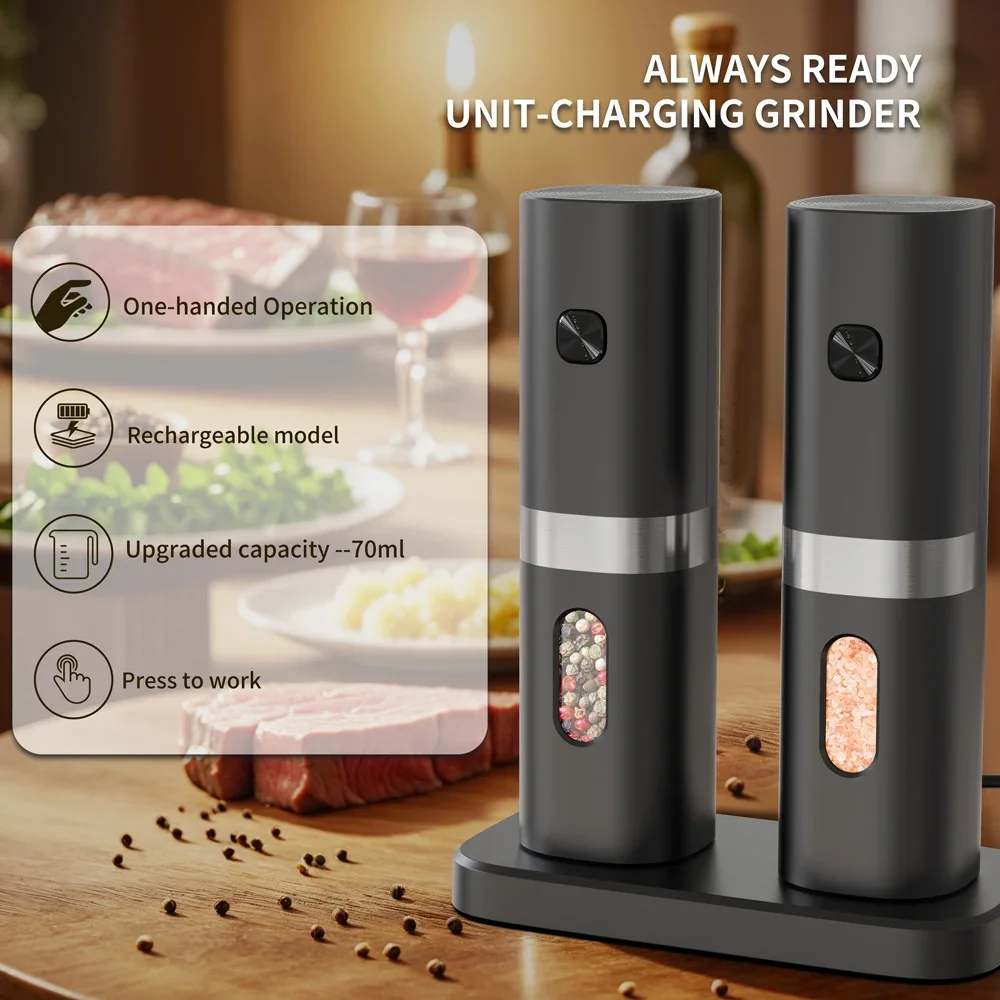 Rechargeable Electric Salt and Pepper Grinder Set USB Spice Salt Pepper Mills With LED Light Adjustable Coarseness Base-Charging