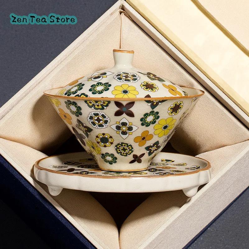 Cream-yellow Ru Kiln Datang Baoxiang Sancai Cover Bowl High-end Chinese Ceramic Tea Bowl With Cover Household Kung Fu Tea Set