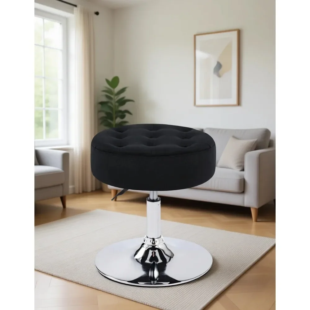 Mid-Century Velvet Tufted Makeup Ottoman Stool, Modern Swivel Vanity Chair for Living Room and Bedroom, Black