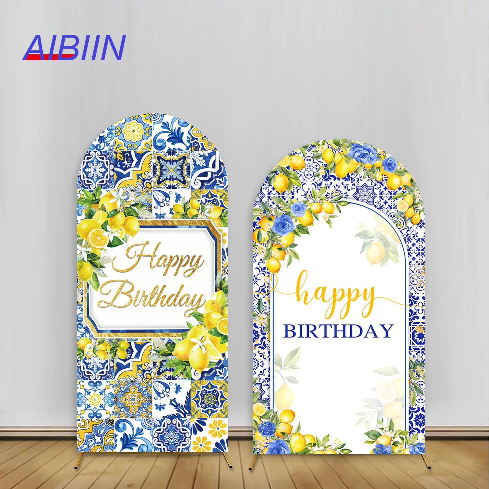 

AIBIIN Lemon Arch Backdrop Cover Happy Birthday Party Decor Blue Tile Floral Baby Kids Portrait Background Cake Table Photozone