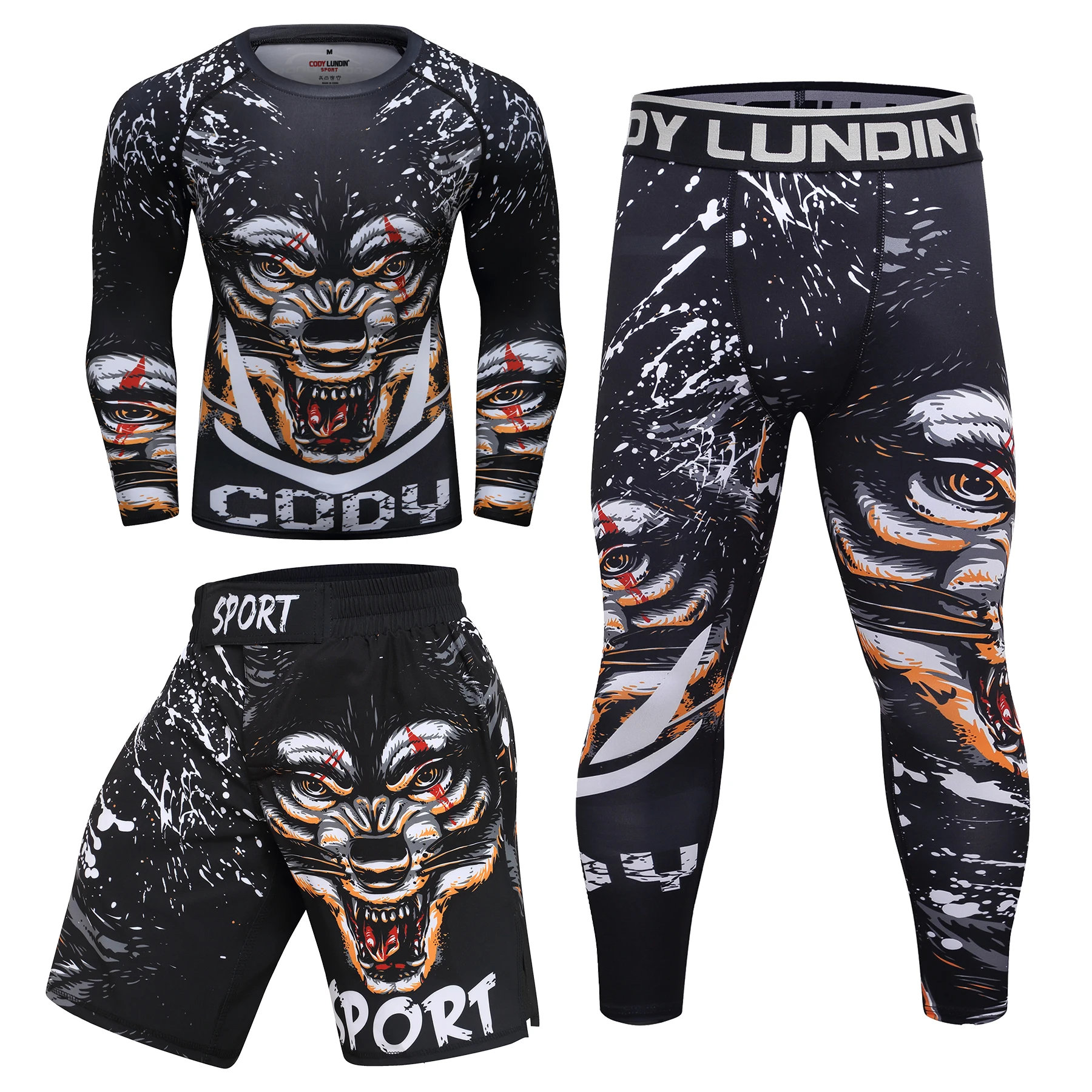 Wolf Surf Sports Rashguard Printed Compression Shirt Long Sleeve Shorts Set Mma Custom Logo Polyester Sublimation Rash Guard