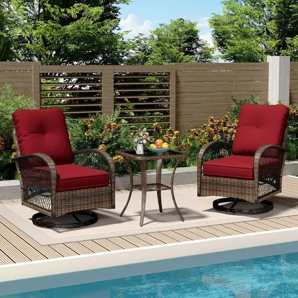 3-Piece Outdoor Swivel Rocker Set with Wicker Bistro Chairs, Cushions, and Glass Coffee Table in Wine Red for Patio, Garden, Bac