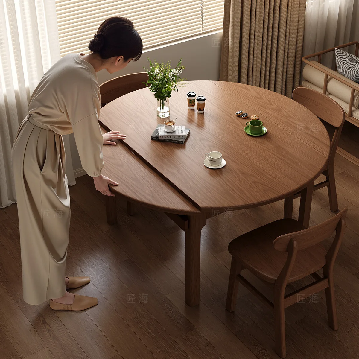 Solid wood retractable dining table Chinese square and round dual-purpose dining table table and chair set