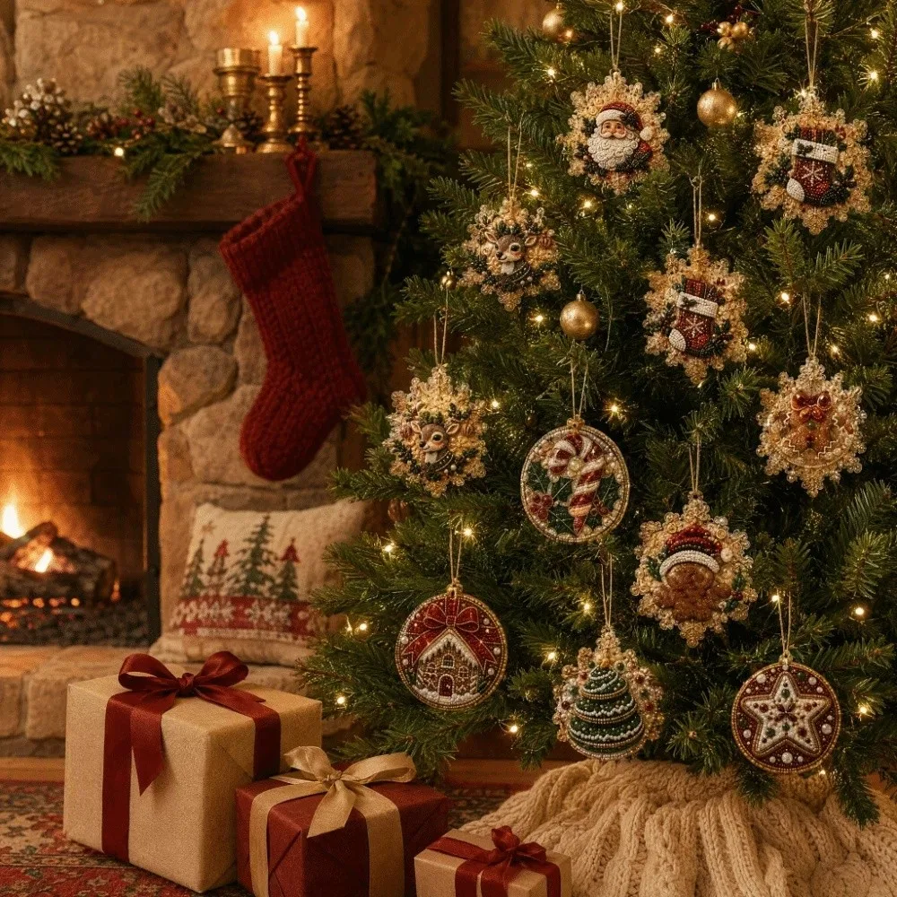 2D Flat Diamond Painting Kit Multi-Style Hand-made Craft DIY Christmas Ornament Entry-level Vintage Style Christmas Tree Pendant