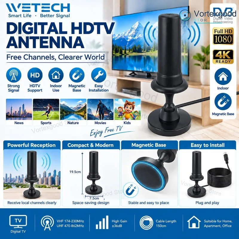 Antenna TV digitale HDTV da interno con base magnetica, elevata capacità di ricezione del segnale VHF e UHF, cavo da 1,5 m, antenna televisiva compatta e portatile per casa, appartamento, ufficio,