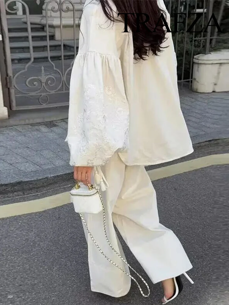 

TRAFZA Women's Fashion Cotton Linen Lapel Tassel Embroidered Long Sleeves Pockets Shirt+Elegant Elastic Waist Wide-leg Pant Suit