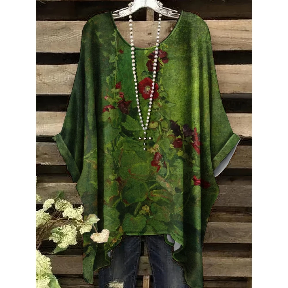 

2025 New Summer Women's Vintage Colored Flowers T-Shirt Fashion Round Neck Short Sleeve Tee Street Harajuku Clothes for Woman