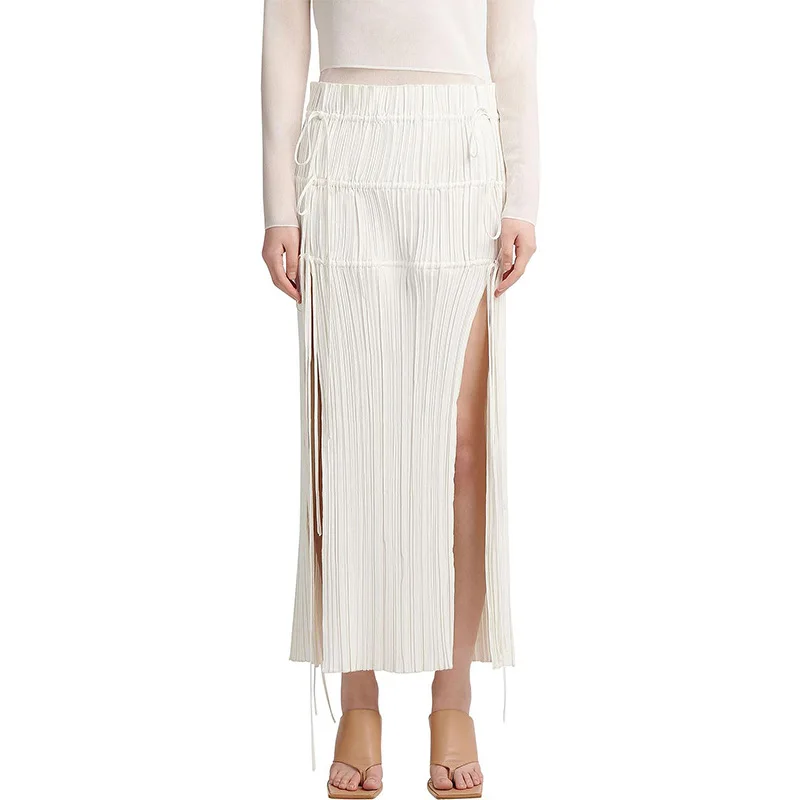 

High End Pleated Retro Long Skirt 2025 New Women's Summer Lace Up Placket Slit Solid Color Skirt