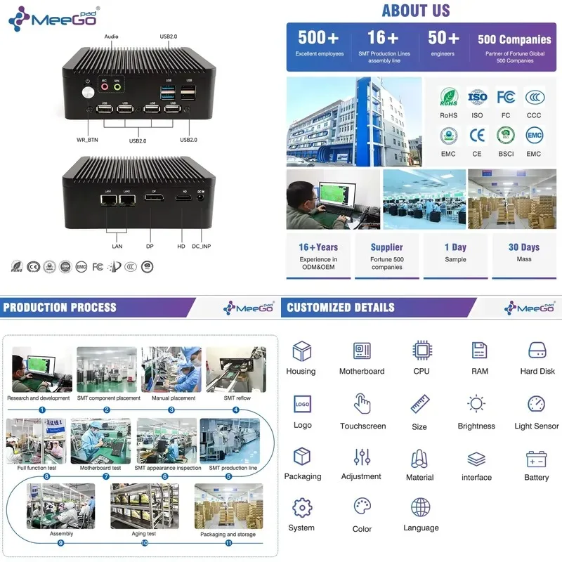 Hot Sale Metal Case Industrial Mini PC J6412 J6413 Quad Core SSD 32GB USB DP 4K Output Watchdog Function Smart Factory