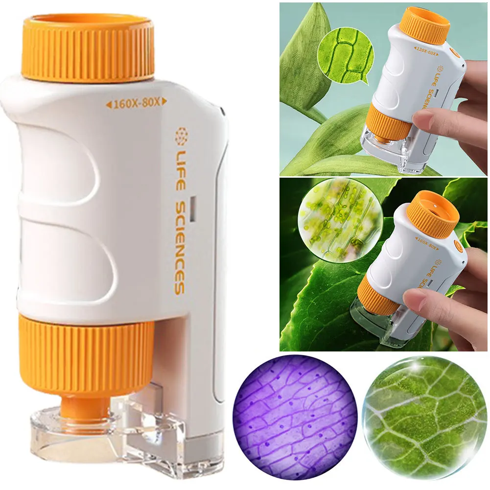 Mini Labsters with LED Light 60-120X Pocket Microscope Mini Handheld Microscope Battery Powered Boy Girl Exploring Gift for Kids