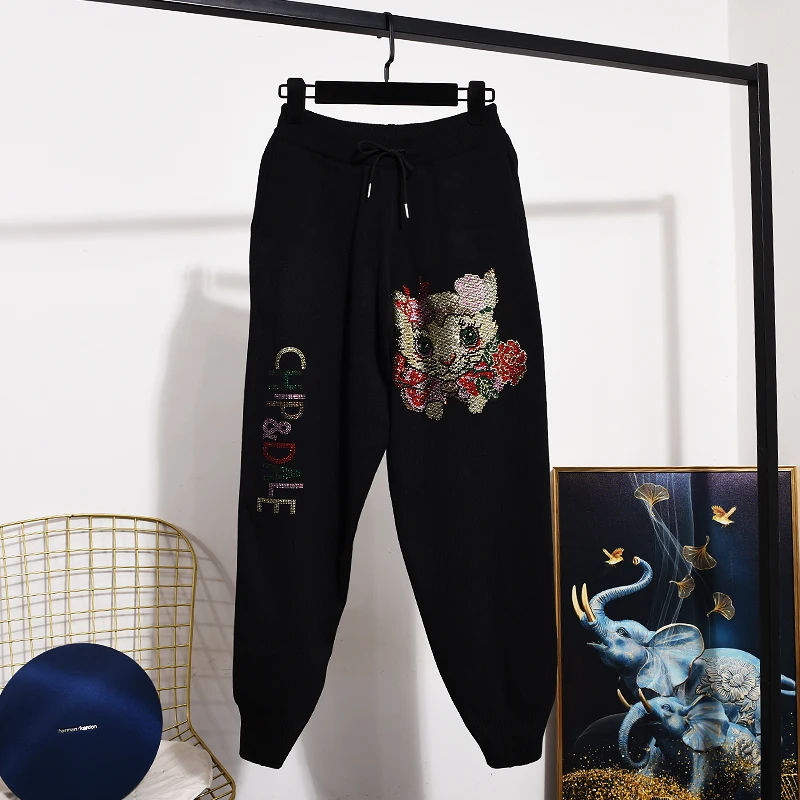 Spring Autumn Women Two-piece Sets Cartoon Hot Drilling Knitted Pullovers Sweater Top + Loose Casual Harem Pants Streetwear Suit