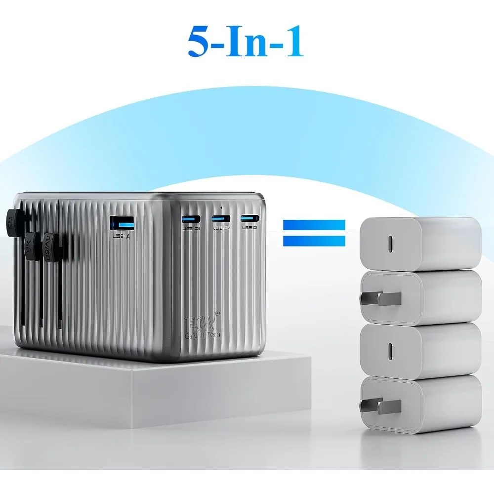 

Universal Travel Adapter 140W GaN PD Fast Charger with 4 Ports USB C USB A Worldwide AC Plug Converter for US EU UK AU