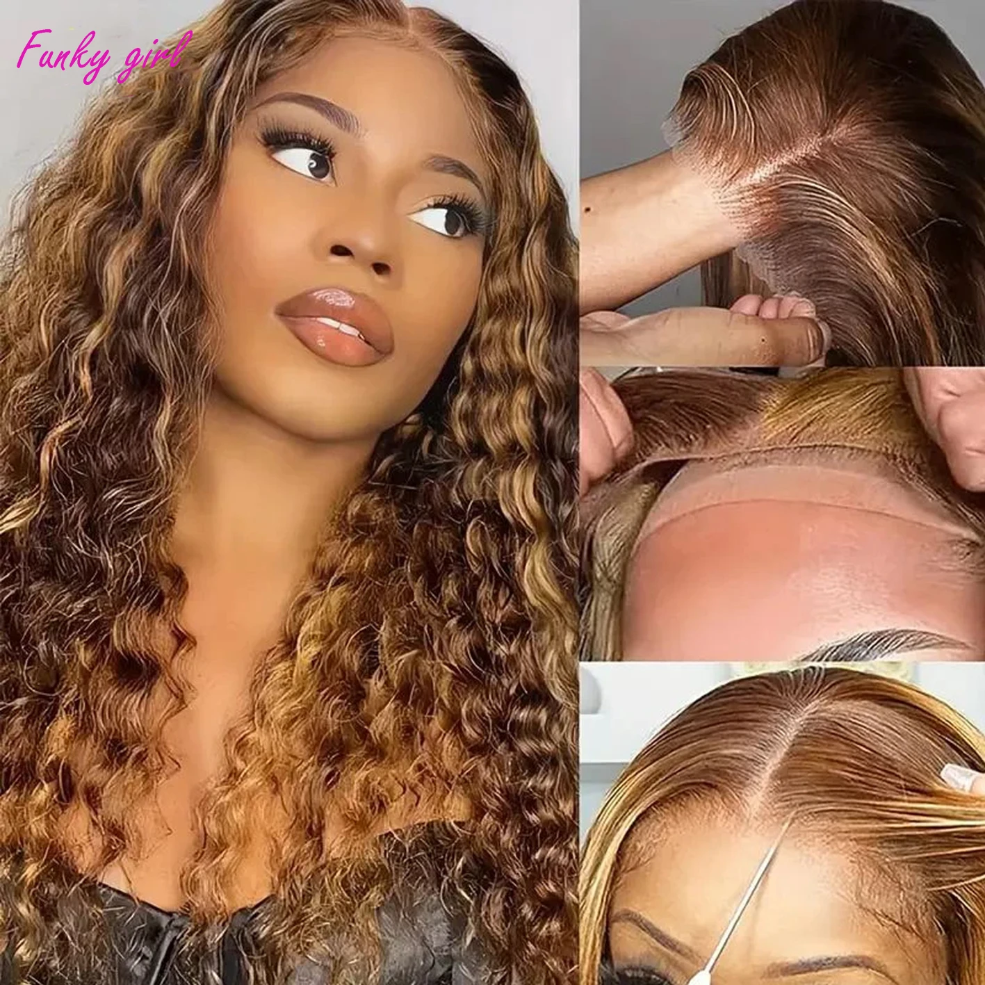 Glueless Wig Water Wave Lace Front Wig Human Hair Ombre Brown Highlight Honey Blonde Color 4/27 Wig 5x5 Transparent Lace Closure