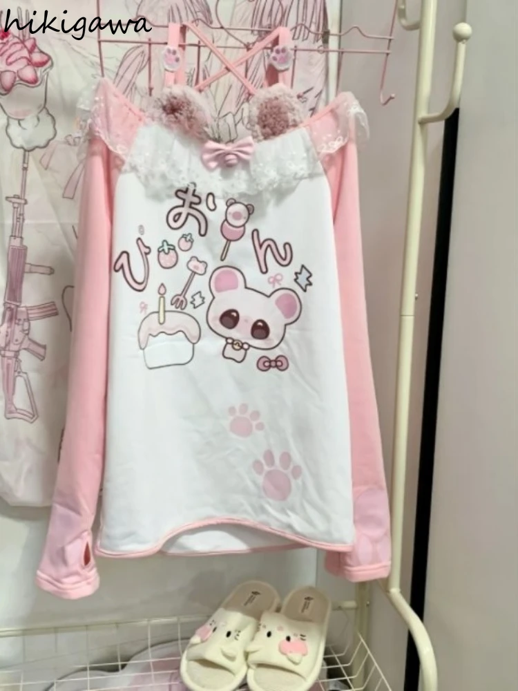 تي شيرت ياباني حلو تي شيرت 2025 ملابس نسائية برقبة مائلة وأكمام طويلة تي شيرت Y2k قطع علوية مرقعة من الدانتيل مطبوع عليه رسوم كارتونية تي شيرت لطيف #5