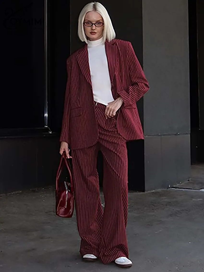 

Oymimi Elegant Wine Red Print Sets Womens 2 Piece Fashion Long Sleeve Single Breasted Shirts And Patchwork Straight Trousers Set