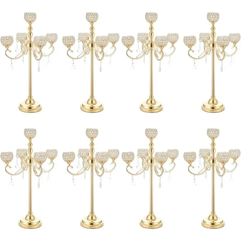 Gold Crystal Candelabra for Table,Metal Candle Stand Centerpiece Crystal 5 Arm Floor Candlesticks Holder for Wedding Christmas