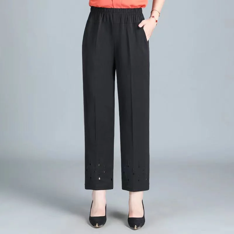 2026 New Women Summer Pants Elastic High Waist Casual Pants Middle aged Mom Pants Large Size Ice Silk Straight Pants Female 8XL