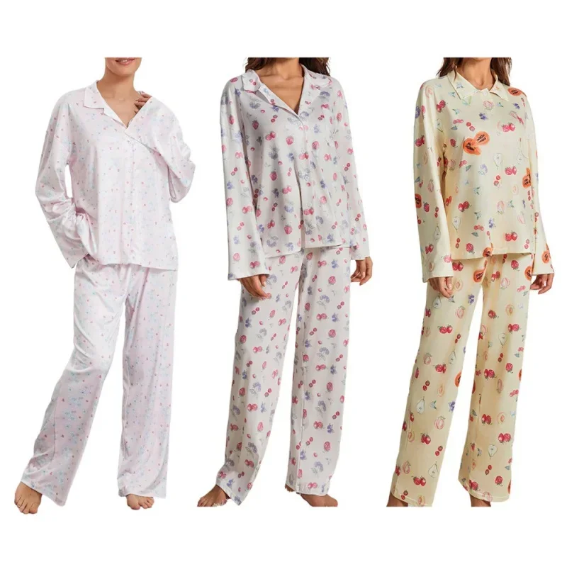 Frauen Herbst Zwei Stücke Pyjamas Set Langarm Hosen Strickjacke V-ausschnitt Dünne Lose Homewear Mit Cartoon Nette Malerei