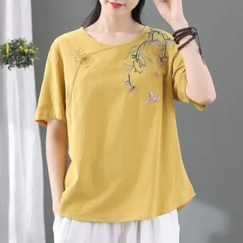 Styl etniczny literacki haft retro matka nosząca bawełnianą lnianą koszulkę dla kobiet literacki nowy luźny, wszechstronny top