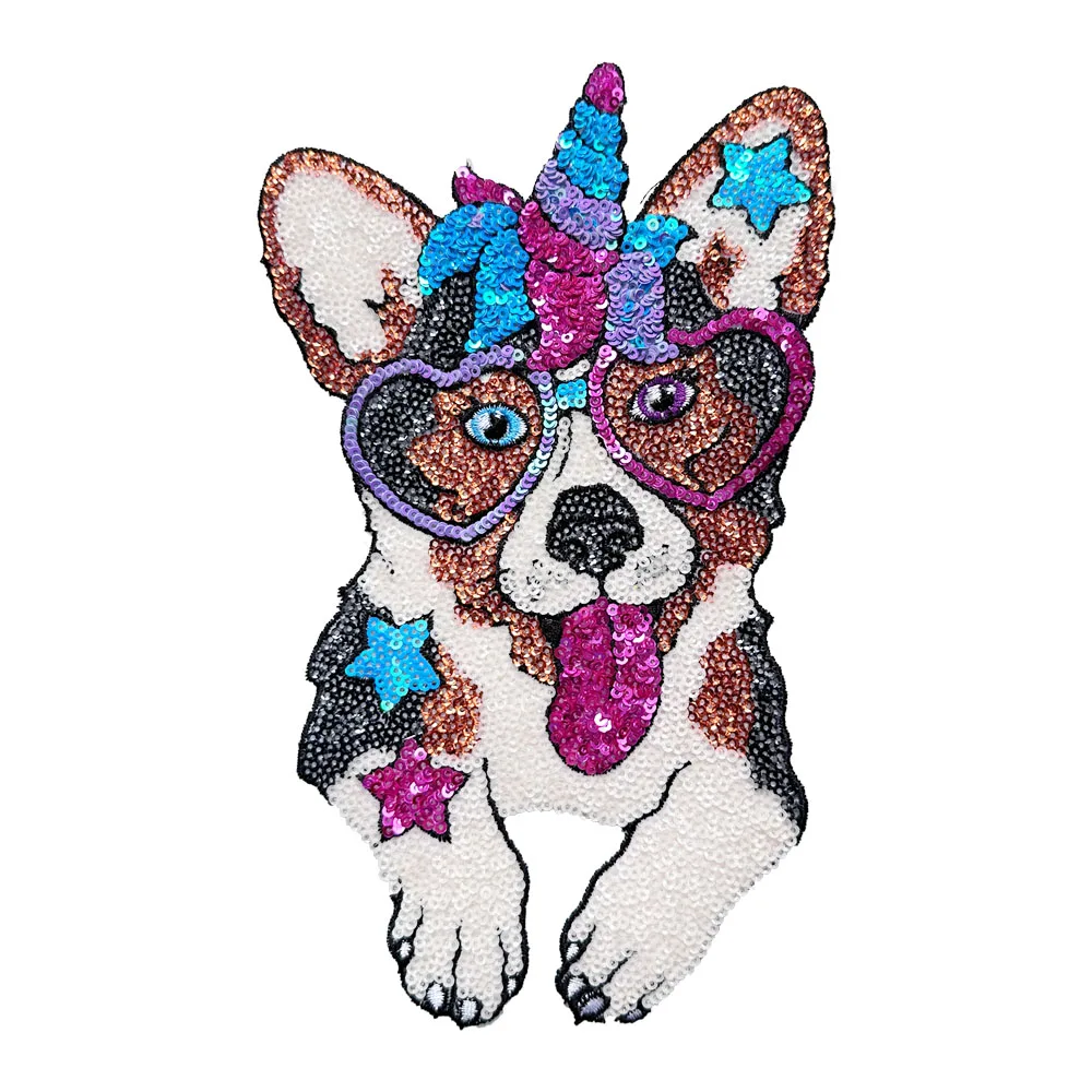 1 Piece 15*24cm Delicate Sequins Design Patch Fashion Shining Iron On Dog Patch for Clothes Accessories