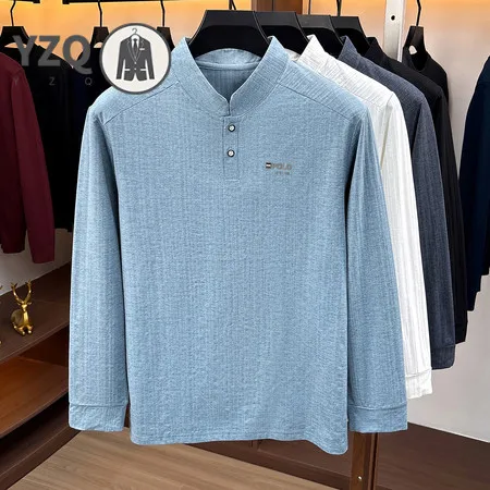 Outdoor Leisure Henley Top For Men Long Sleeve Mandarin Neck Two Button Placket Vertical Textured Surface Fabric