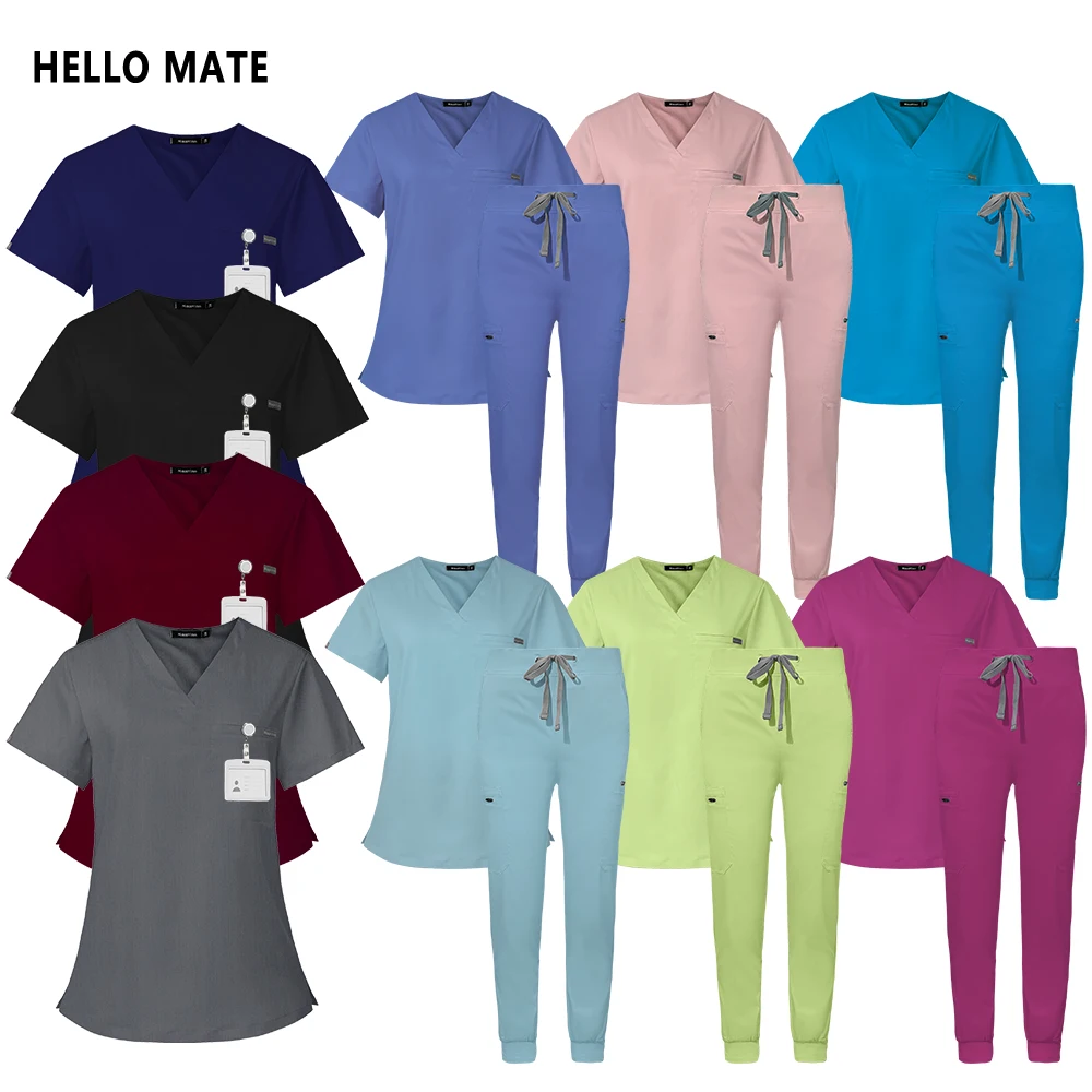 New Multicolour Jogger Suits Medical Surgical Women Short Sleeve V-neck Top Pocket Pants Doctor Nurse Scrubs Set Nursing Uniform