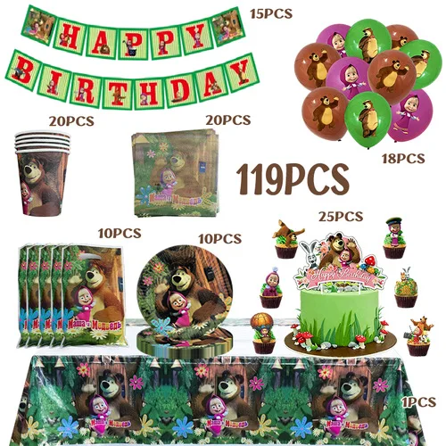 Mascha und der Bär Geburtstagsdekoration Tischgeschirr Becher Teller Tischdecke Ballon Banner Hintergrund Geschenktüten für Kinderparty-Zubehör – Detail 6
