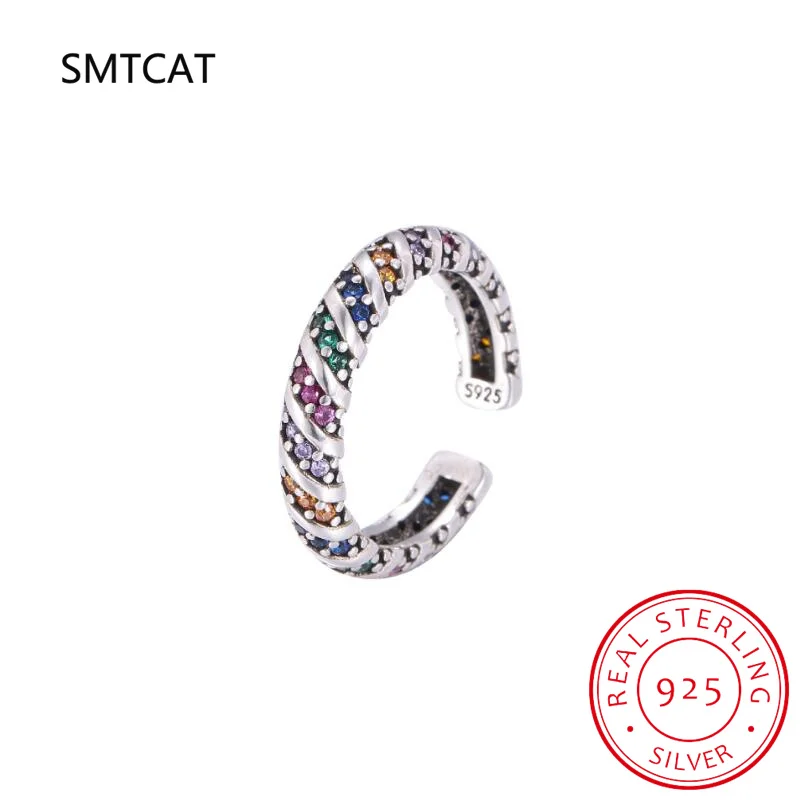 Women Real 925 Sterling Silver Colore Zircon Open Ring Geometric Gift for Mom Daugther Birthday Jewelry DS3526